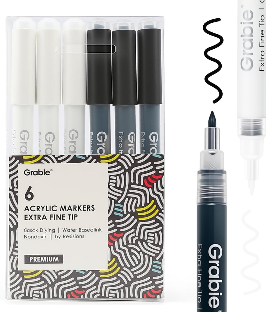 Grabie Black & White Acrylic Paint Markers, 0.7 mm, 6 Pack