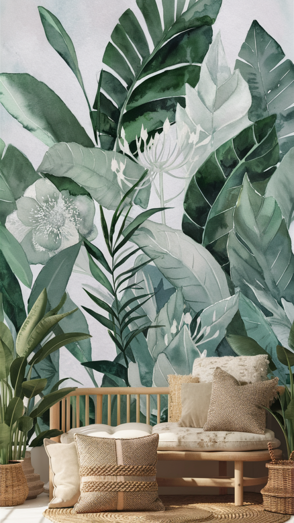 Oversized watercolor-style mural of layered green tropical leaves and pale botanical blooms covering a living room wall behind a rattan bench
