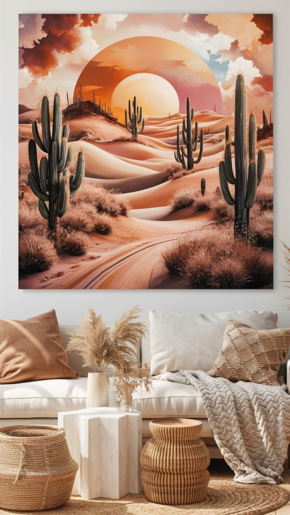Large canvas painting of a desert sunset with layered sand dunes and tall cacti in warm orange and pink tones above a cream sofa
