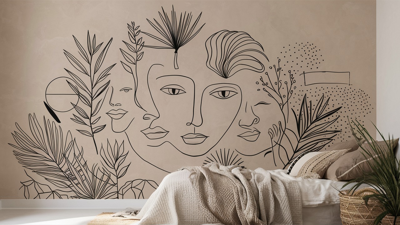Black line-art mural of faces and botanical leaves painted across a bedroom wall behind a neatly made bed