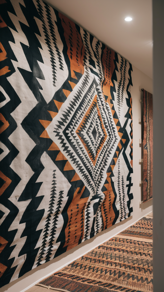 Bold black, white and rust geometric zigzag and diamond pattern painted across a large hallway wall