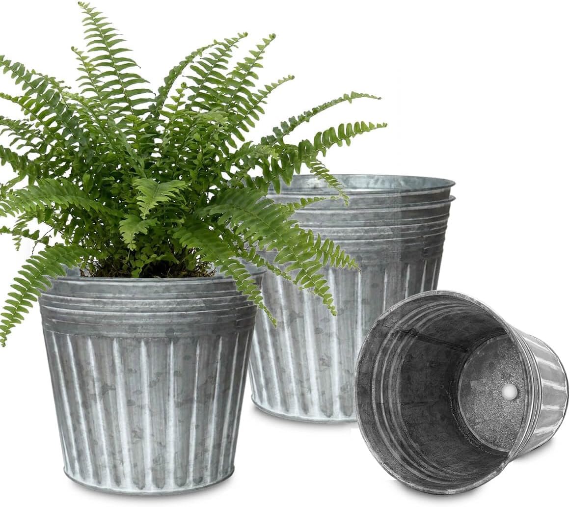 9 Inch Galvanized Planters, 4 Pack Metal Plant Pots with Drainage Hole