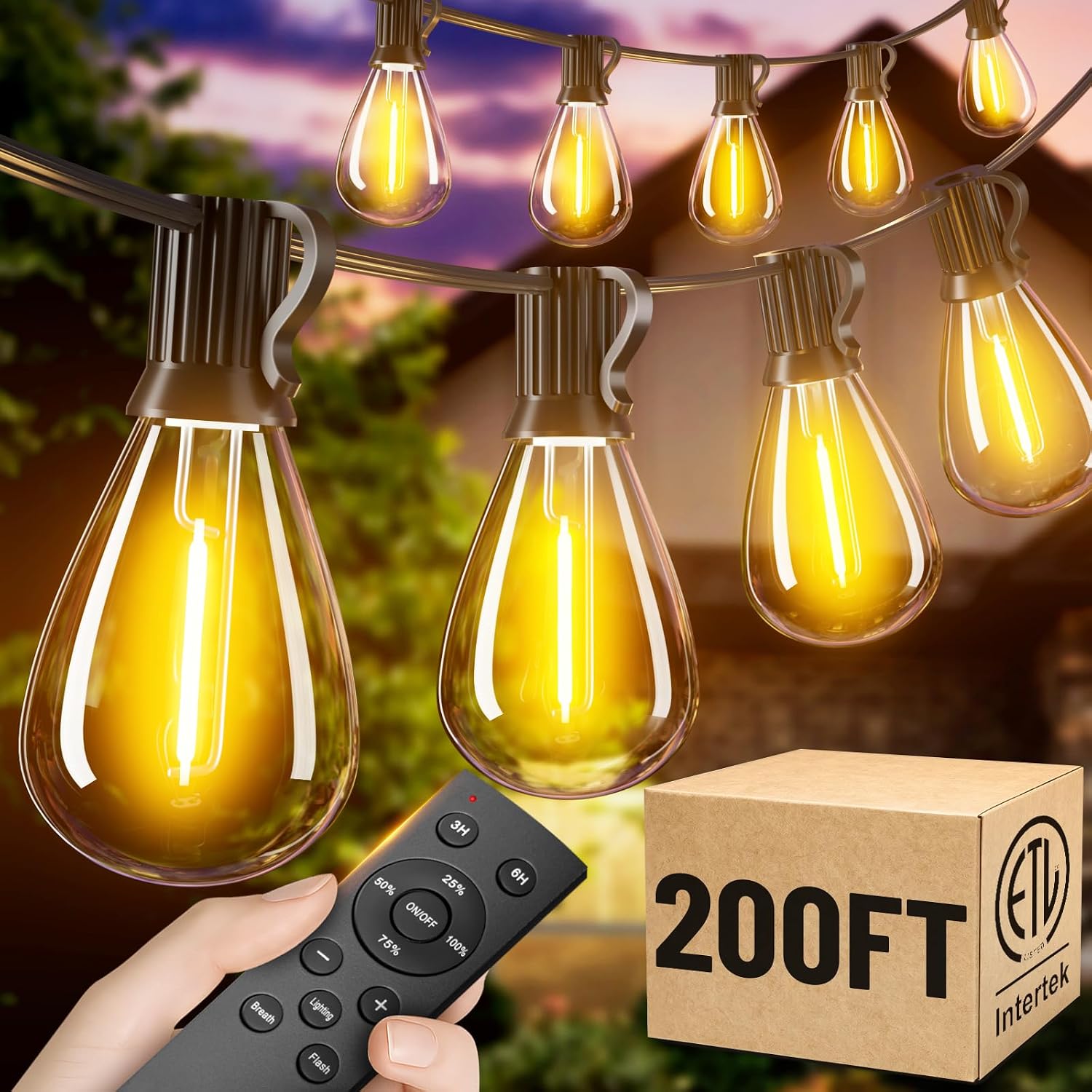 200 ft Outdoor String Lights with Remote, Waterproof, Shatterproof Bulbs
