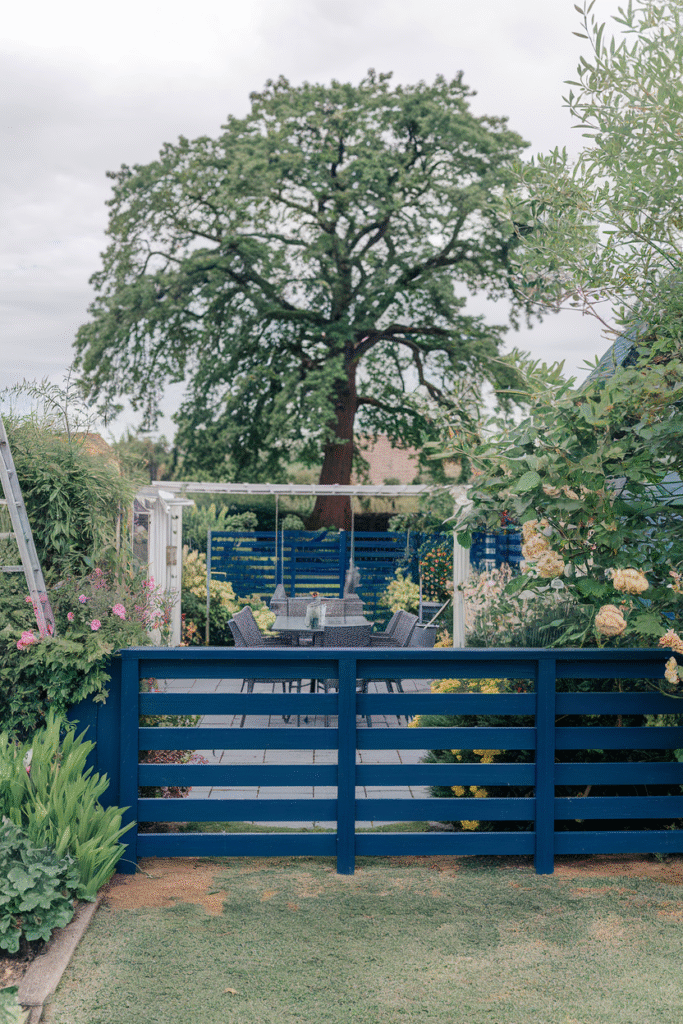 Freshly painted fence adding a pop of color to the backyard