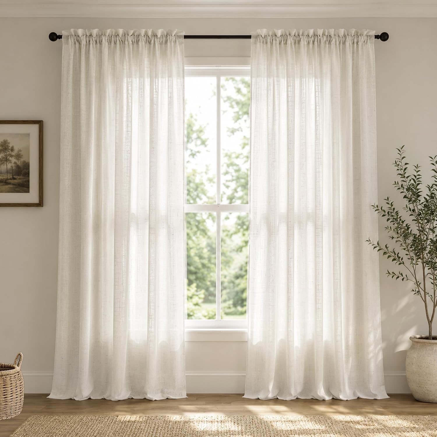 Cream Light Filtering Linen Curtains for Living Room, Farmhouse Style