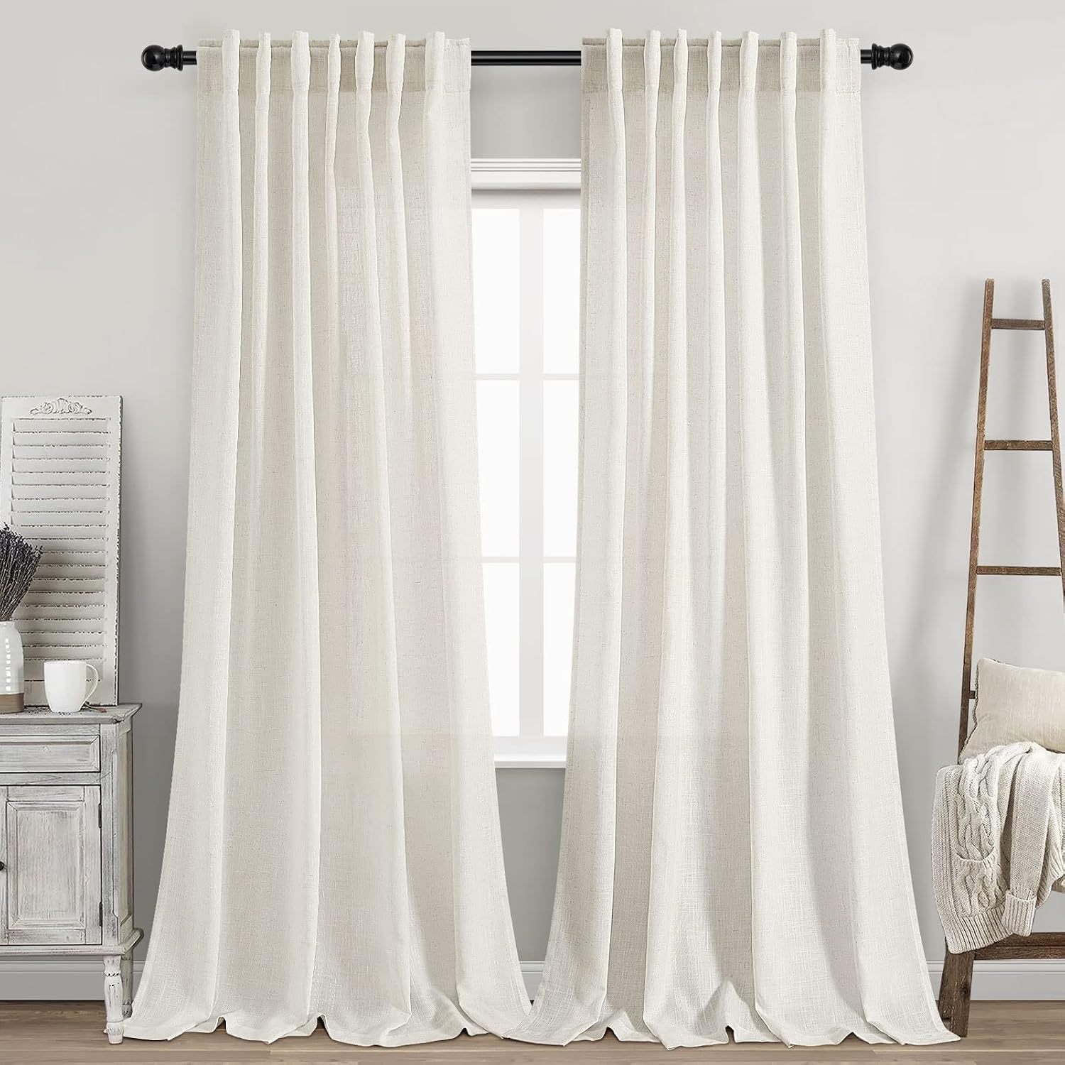 Back Tab Linen Curtains, 96 Inches Long, 2 Panels
