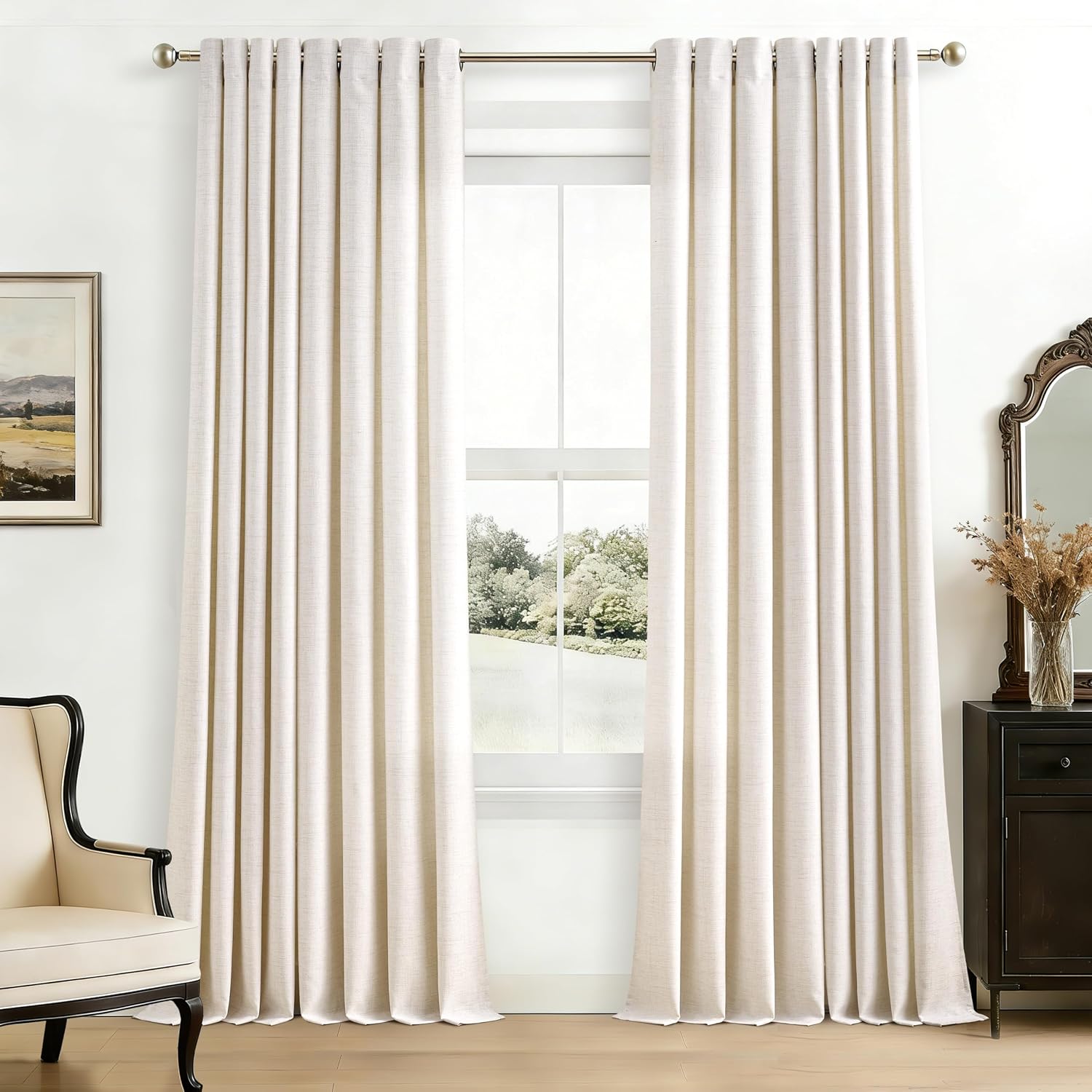 Ivory Cream Linen Curtains for Living Room, 52 x 96 Inch