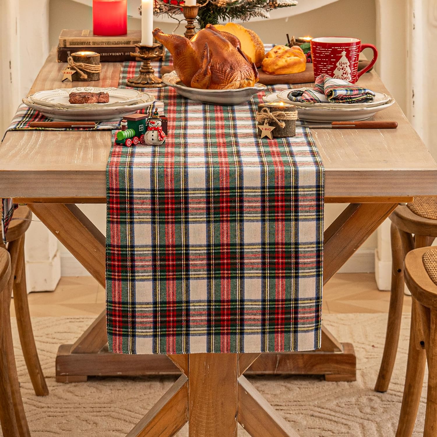AQOTHES Red and White Plaid Christmas Table Runner, 72 Inches