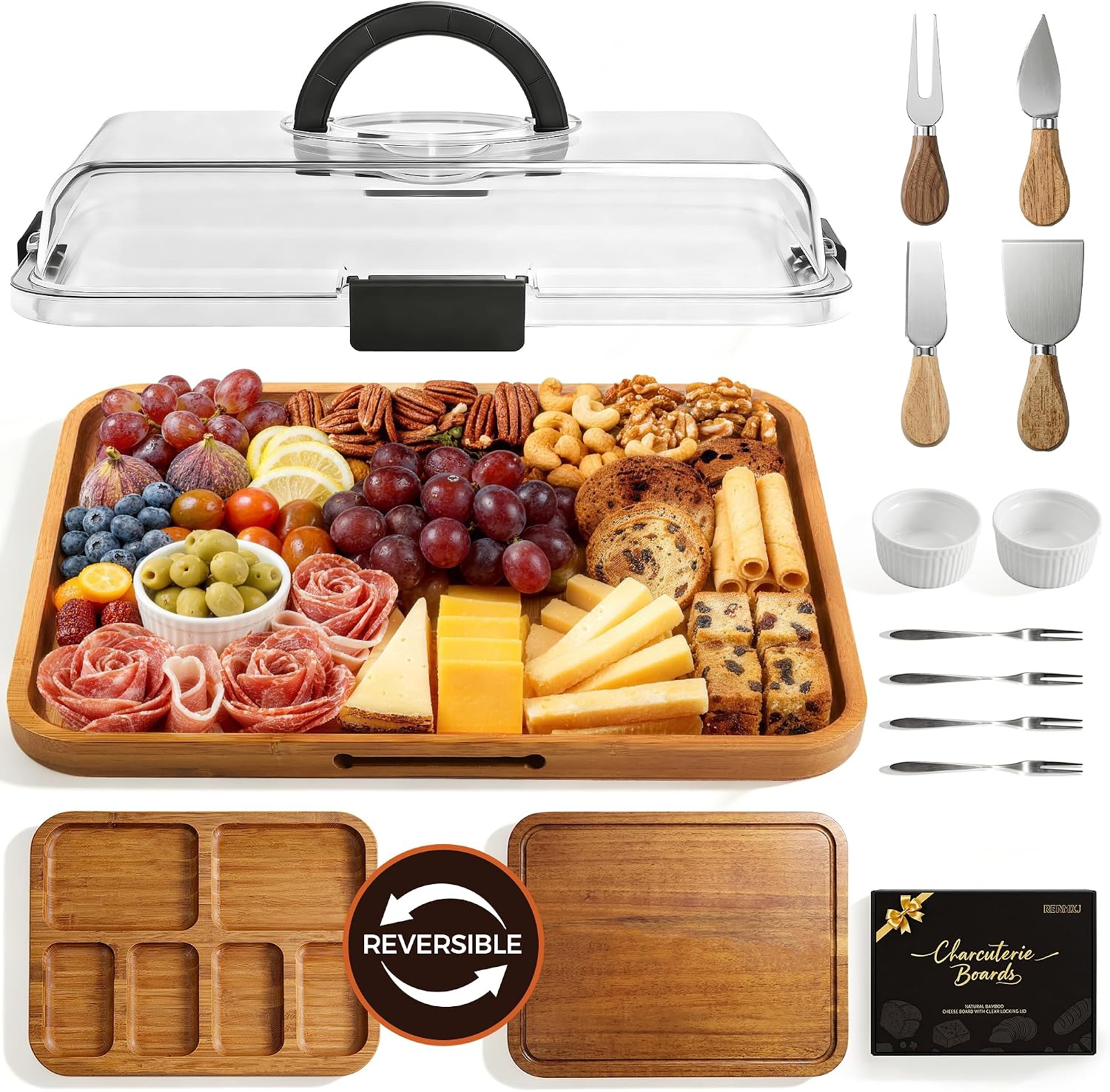 Renmxj Charcuterie Board with Lid, Carbonized Bamboo, Knives and Bowls
