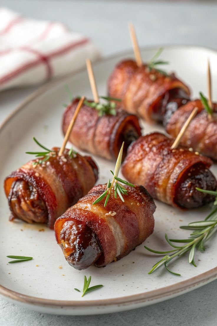 Bacon-wrapped dates garnished with rosemary