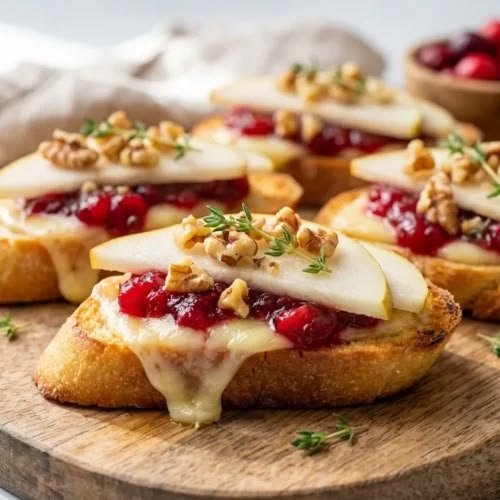 Cranberry brie crostini topped with pecans and rosemary