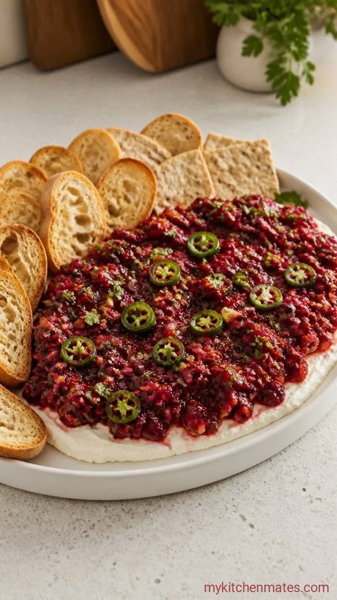 Cranberry jalapeño cream cheese dip with crackers