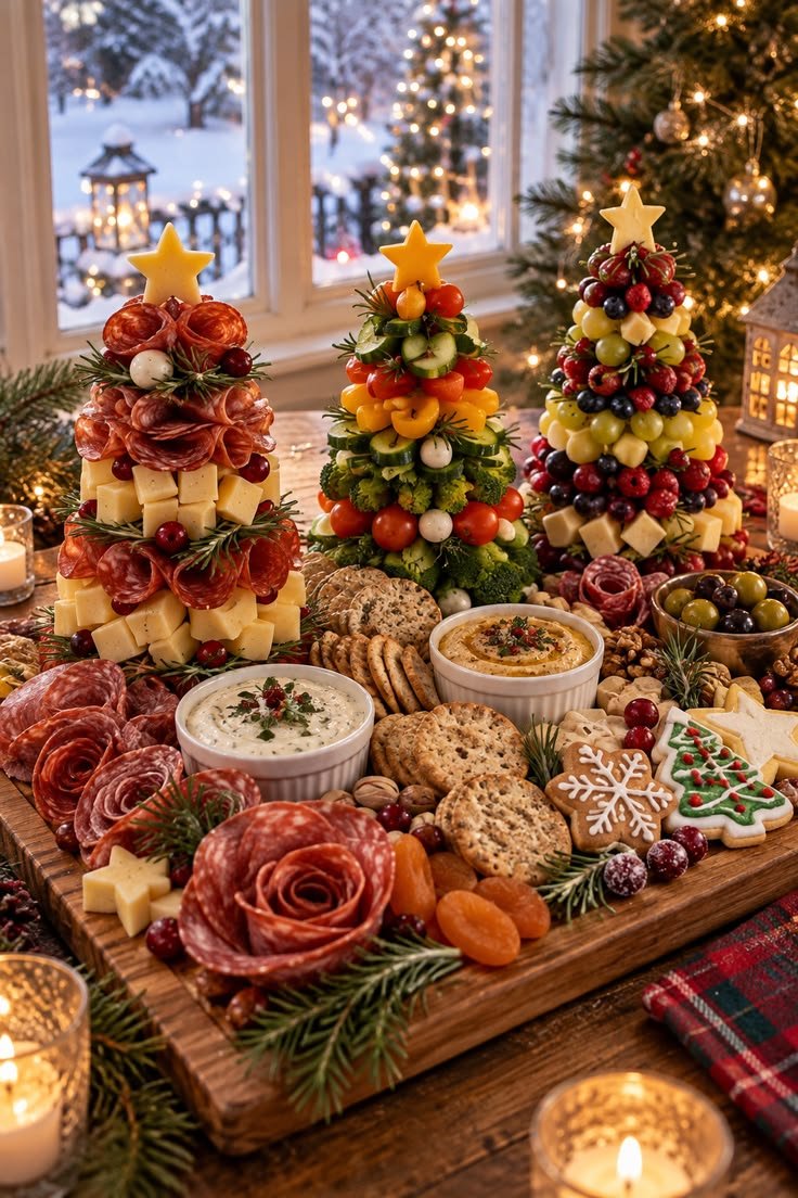 Christmas charcuterie trees made with cheese, salami and fruit sharing the cranberry and walnut palette