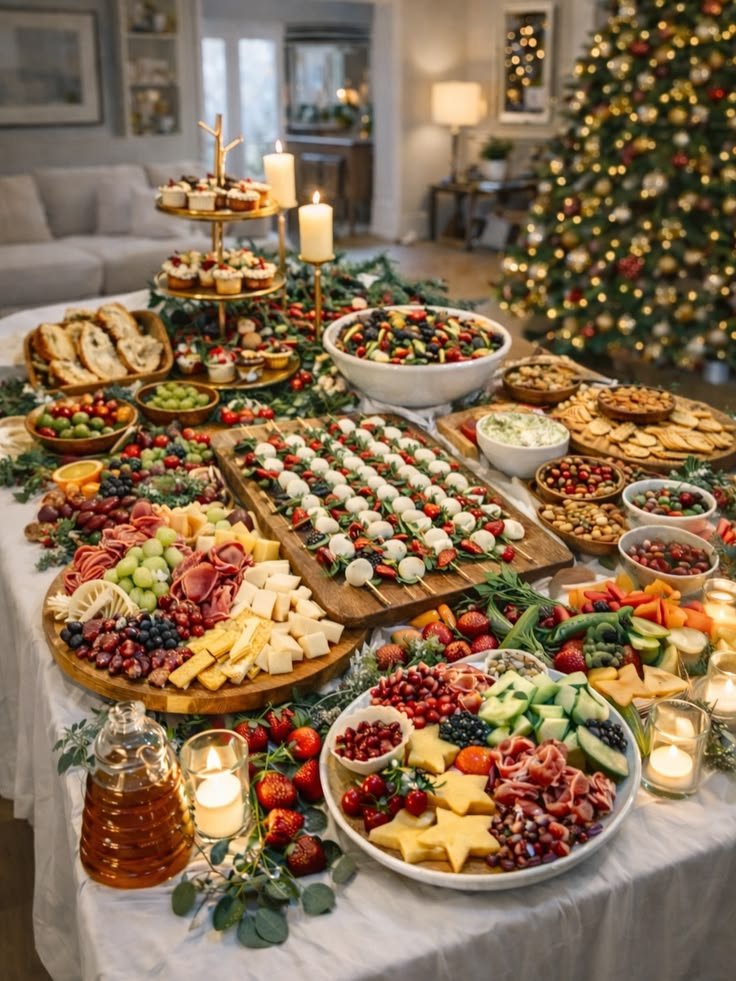 Full Christmas appetizer spread with charcuterie, skewers and dips on a holiday table
