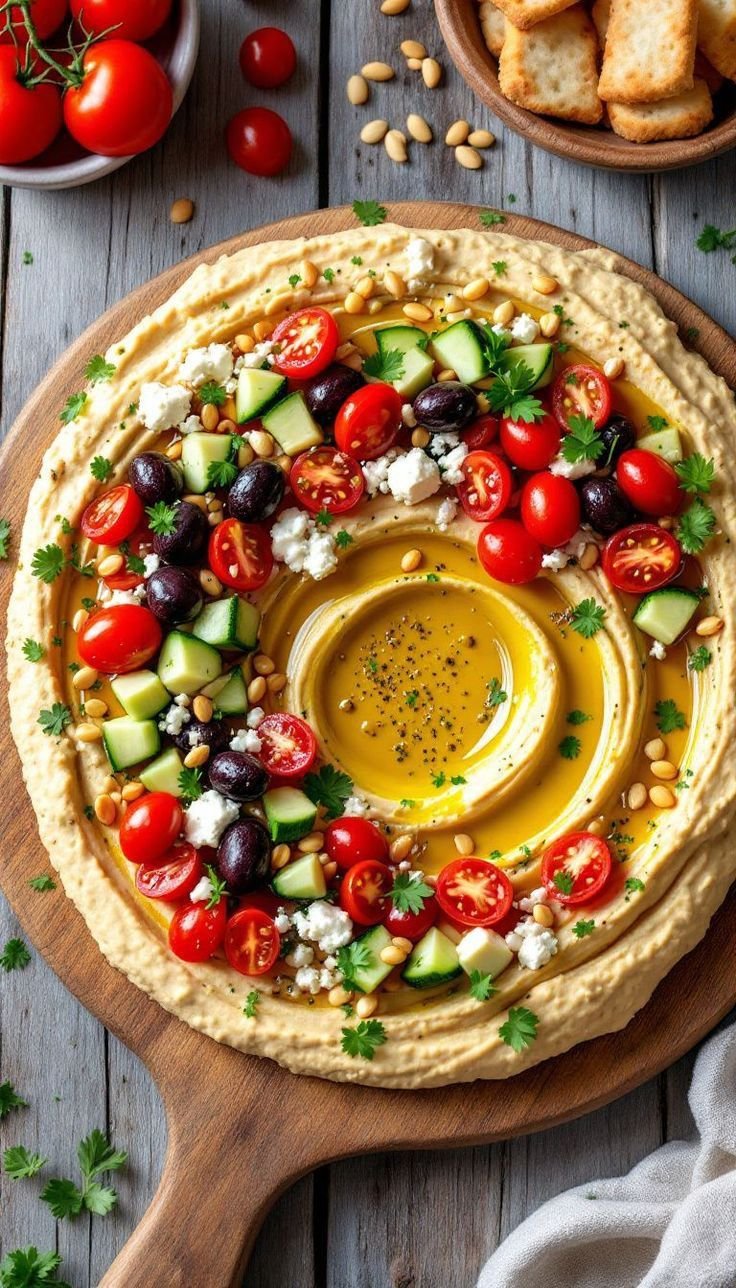 Holiday hummus platter arranged in a wreath shape