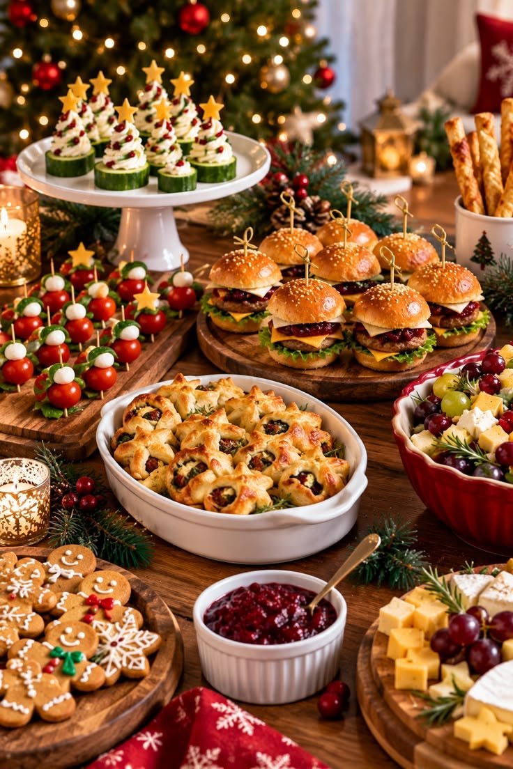 Christmas appetizer buffet with a variety of festive dishes