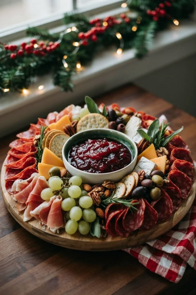 Round charcuterie board featuring prosciutto and cheese, the same pairing used in mozzarella-prosciutto bites