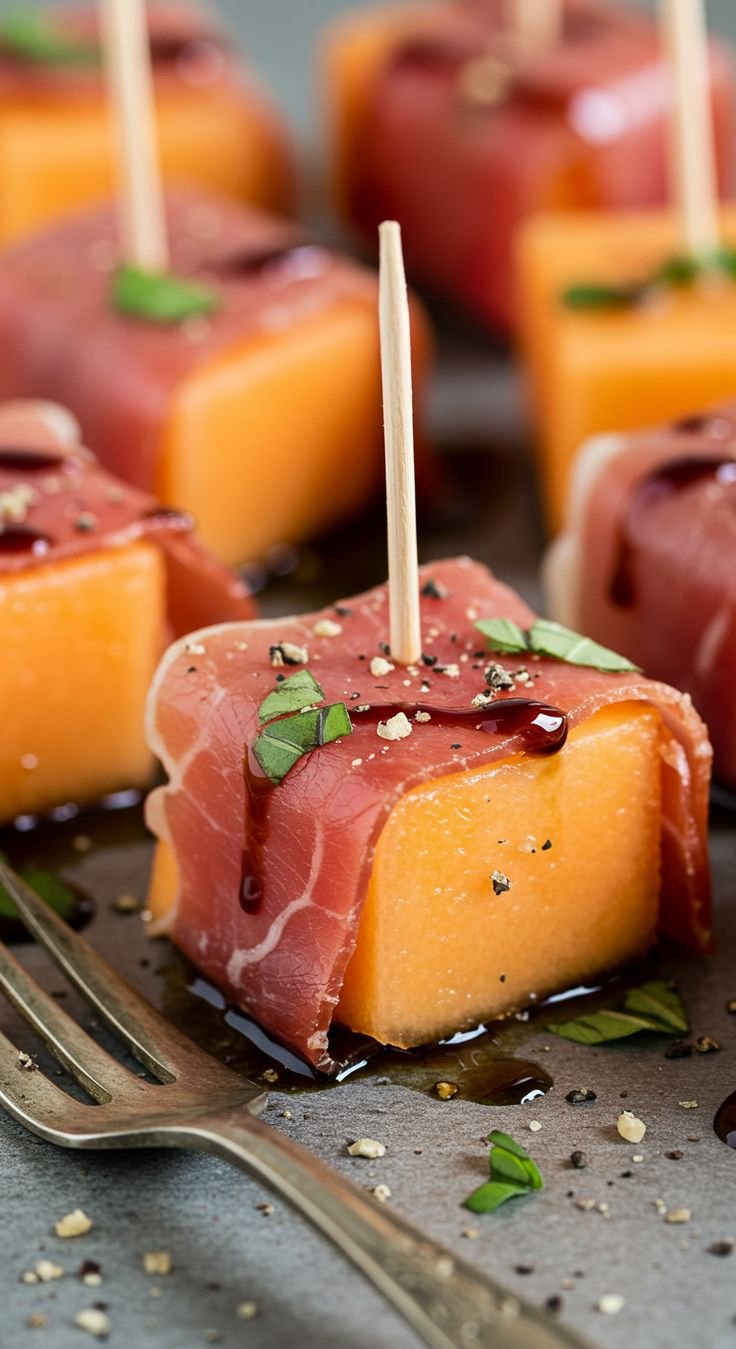Prosciutto-wrapped melon bites with basil and balsamic glaze
