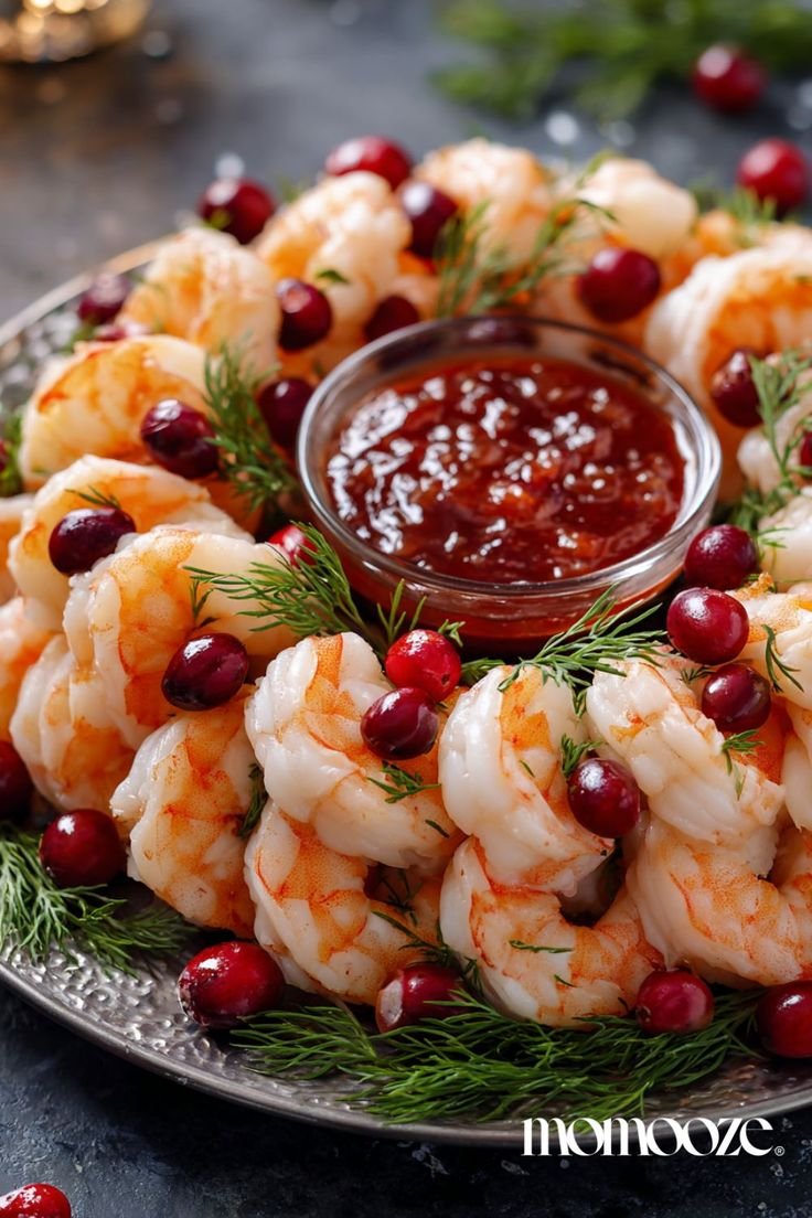 Shrimp cocktail arranged in a wreath shape with cranberries and dill