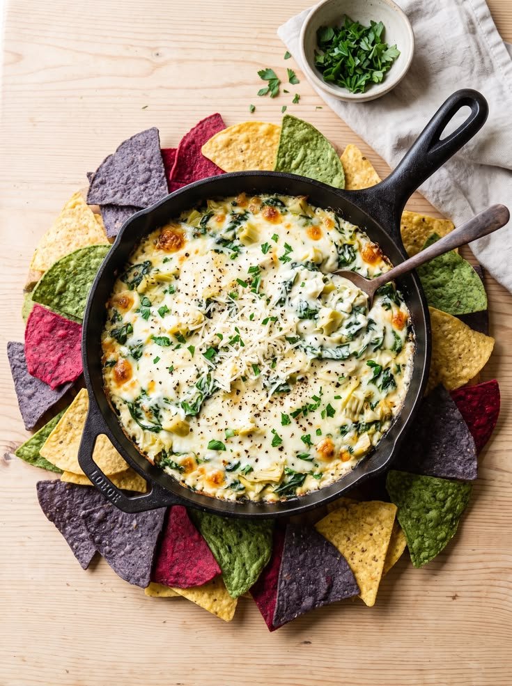 Baked spinach artichoke dip served with tortilla chips