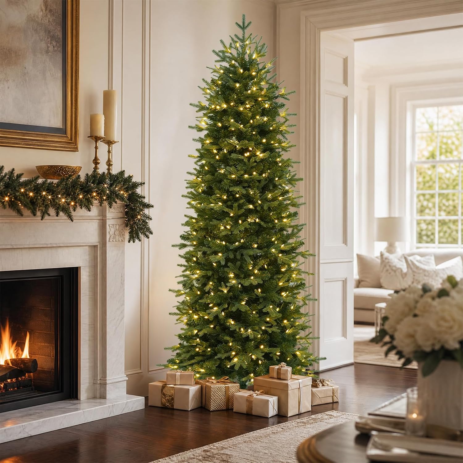 Hykolity 6 ft Pre-Lit Pencil Christmas Tree, 300 Warm White LEDs