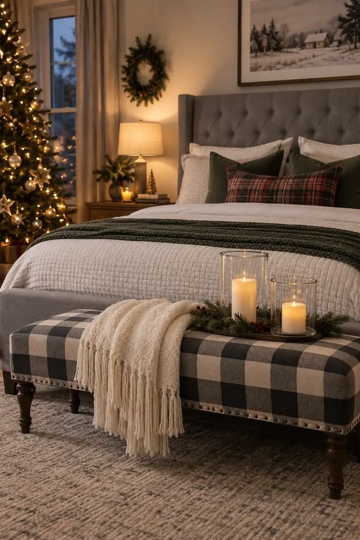 Layered Christmas bedroom decor combining bedding, lights and a wreath