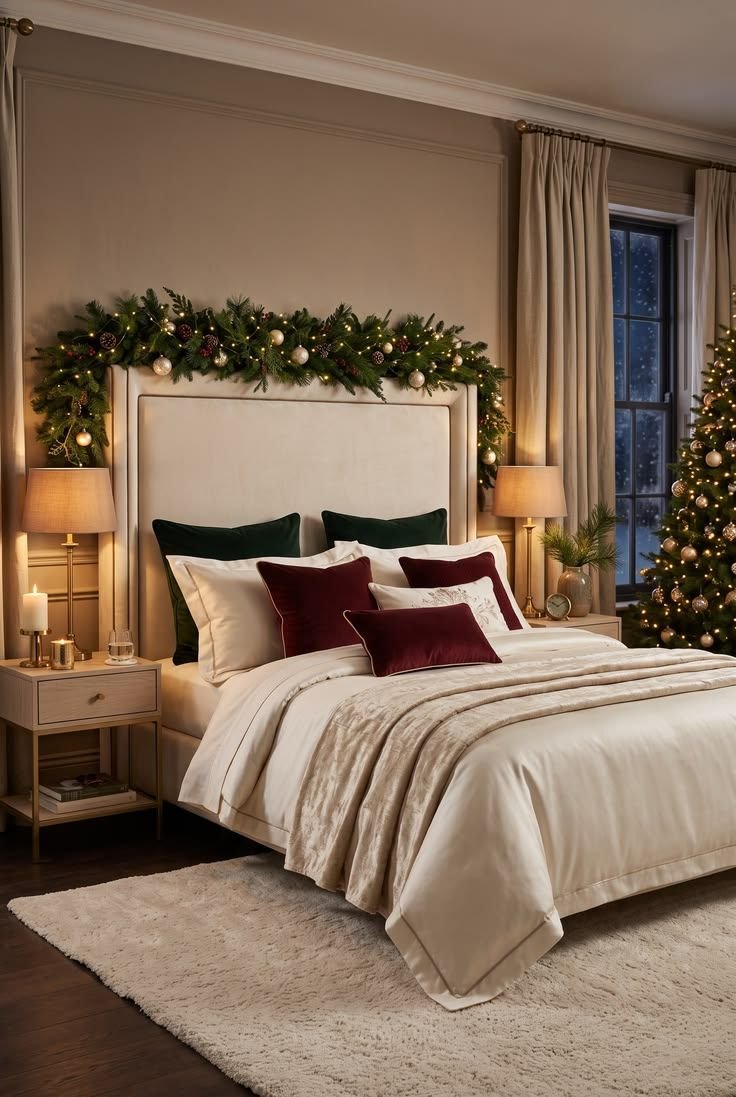Velvet pillows and throw adding richness to Christmas bedroom decor