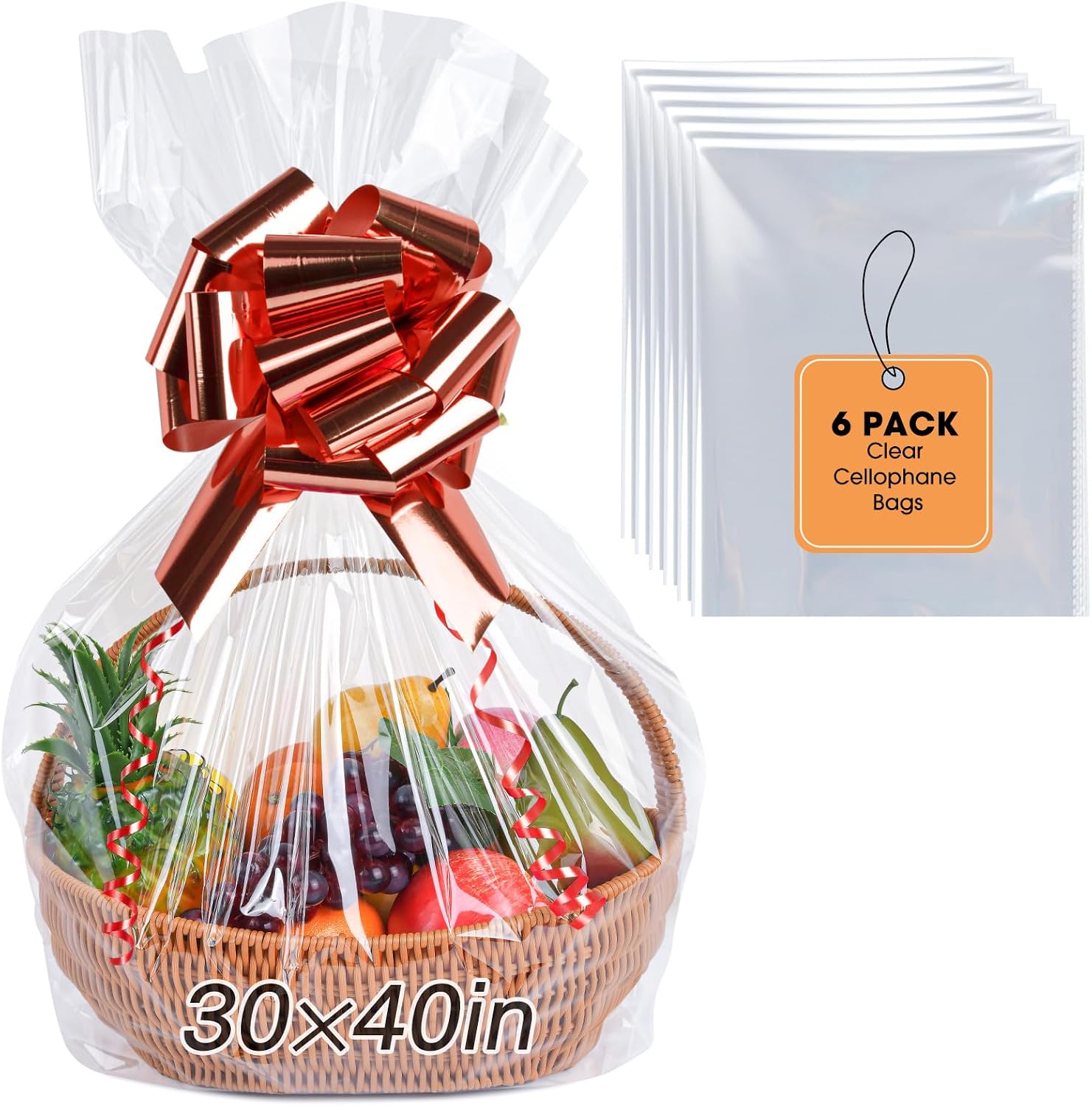 Yuiicaov Extra Large Clear Cellophane Basket Bags, 30 x 40 Inch, 6 Pack