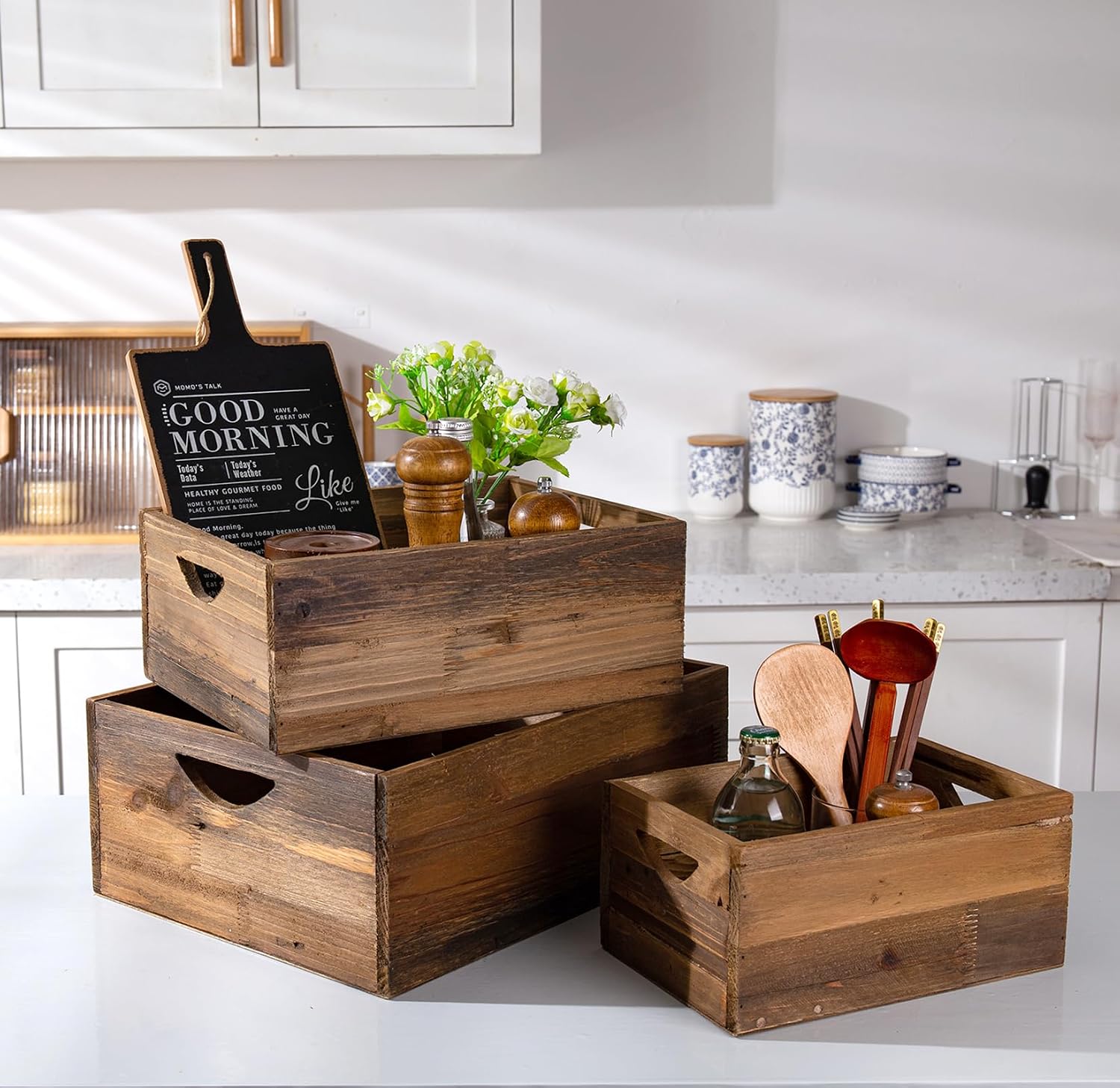 TIMRIS Rustic Distressed Wood Nesting Crates, Set of 3
