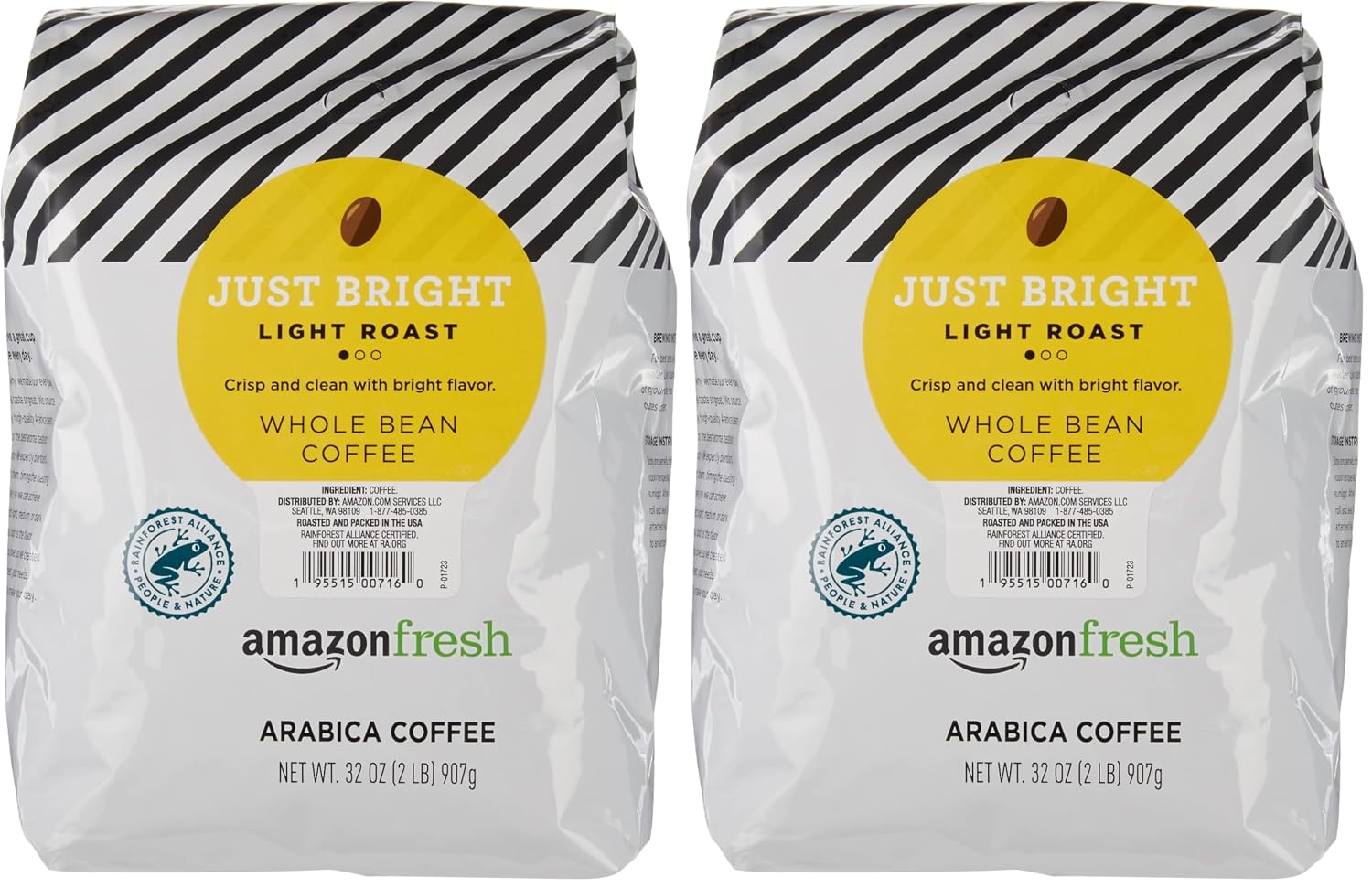 Amazon Fresh Just Bright Light Roast Whole Bean Coffee, 32 oz, Pack of 2