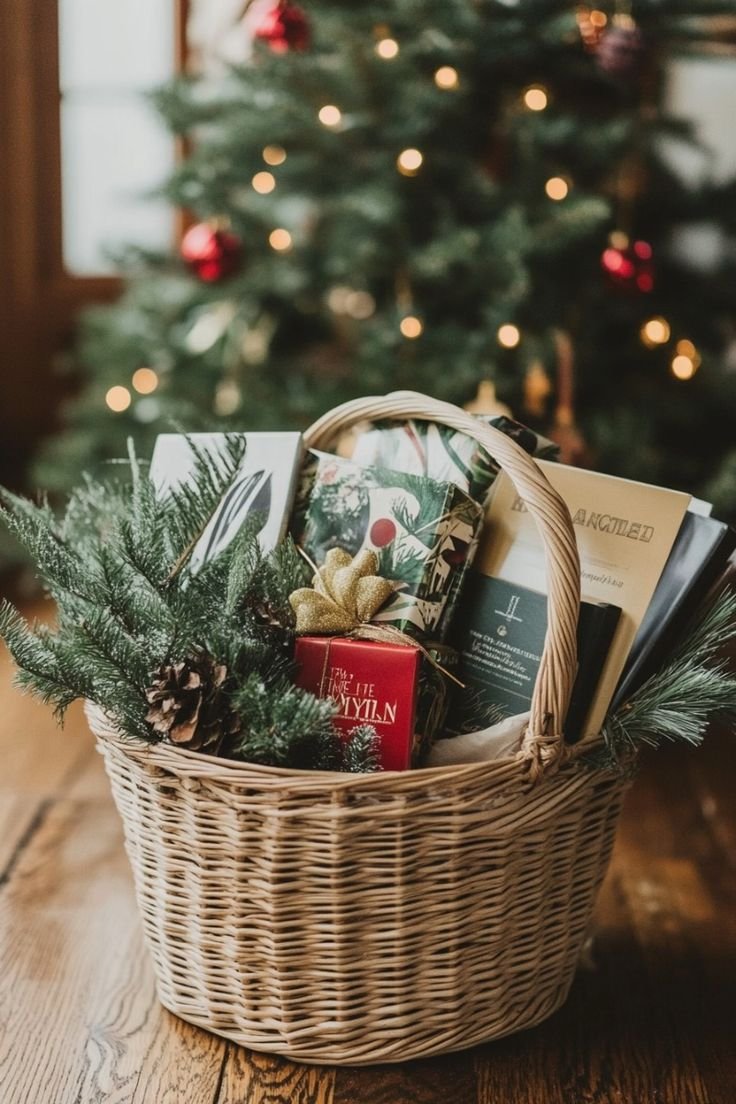 Book lover Christmas gift basket with wrapped books and pine branches