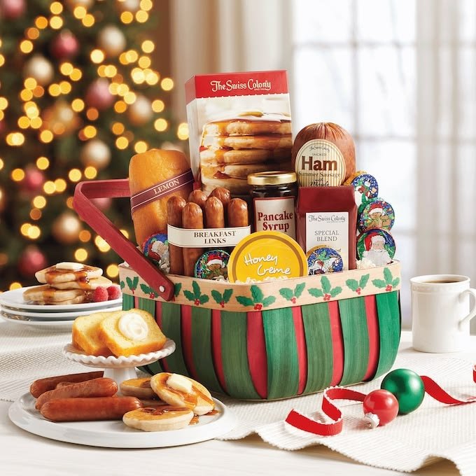 Christmas breakfast and brunch basket with pancake mix and syrup