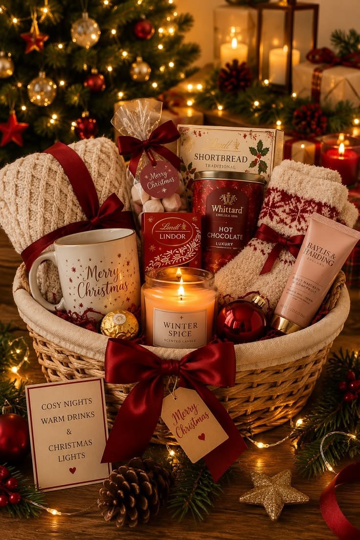 Christmas candle and cozy basket with shortbread and fuzzy socks