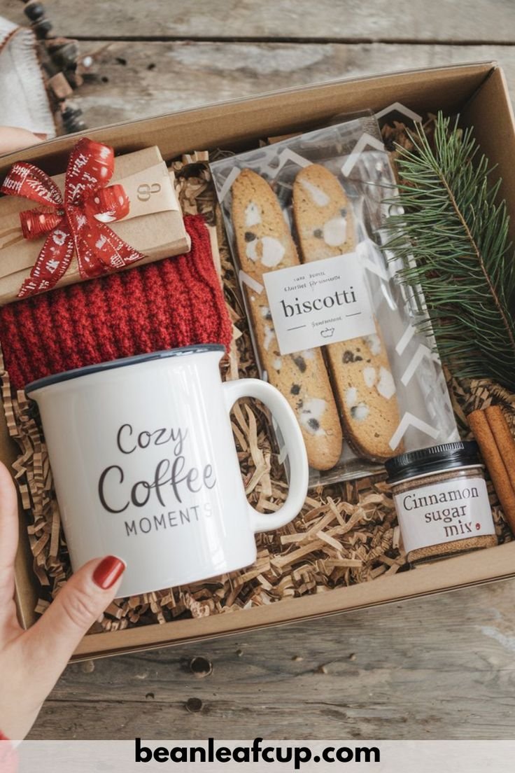 Coffee lover Christmas gift basket with mug and biscotti