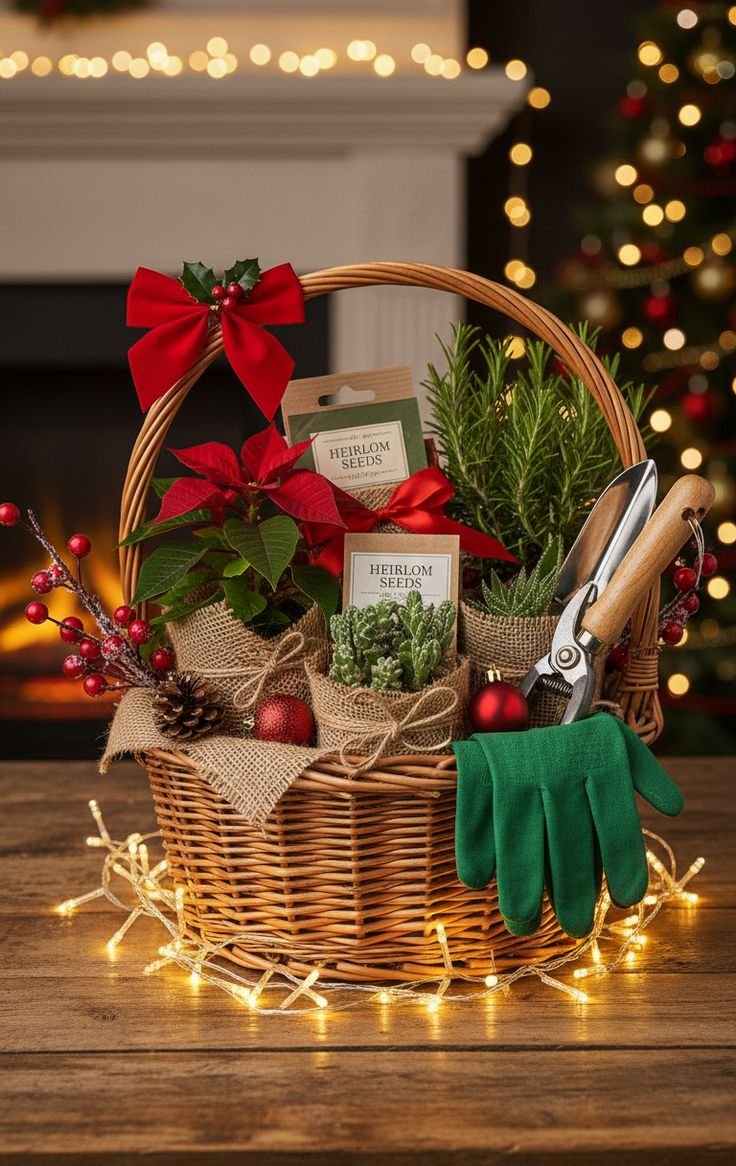 Christmas garden lover basket with succulents and gardening tools