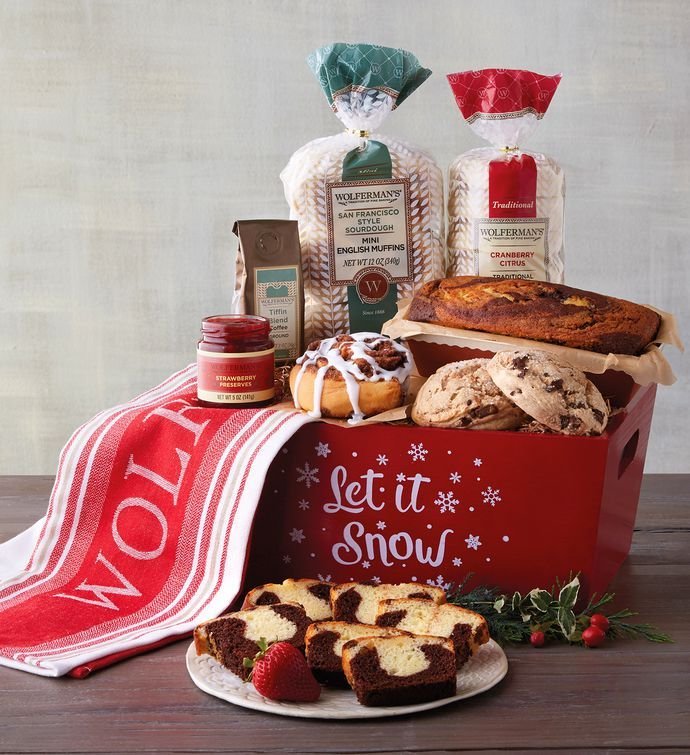Gourmet snack Christmas gift basket with coffee and preserves