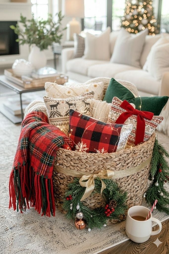 Cozy Christmas gift basket filled with plaid pillows and a tartan throw