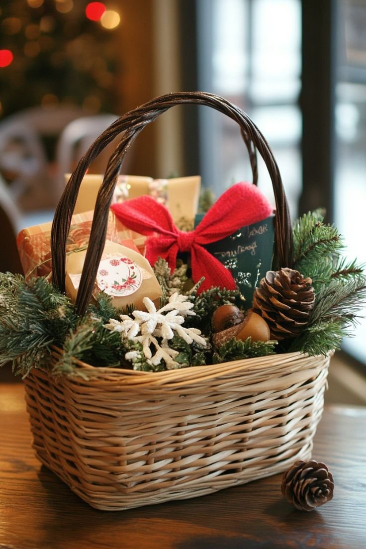 Christmas homebody basket with neutral blanket and candle