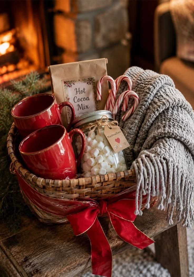 Hot chocolate Christmas gift basket with mugs and marshmallows