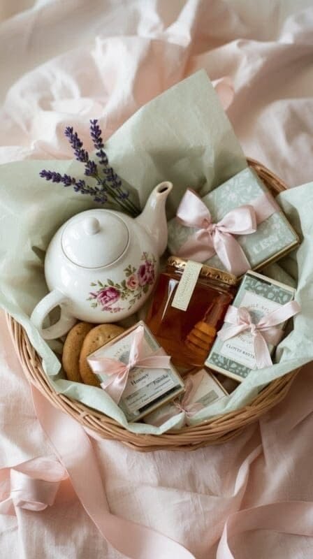 Hot tea Christmas gift basket with honey and a ceramic mug