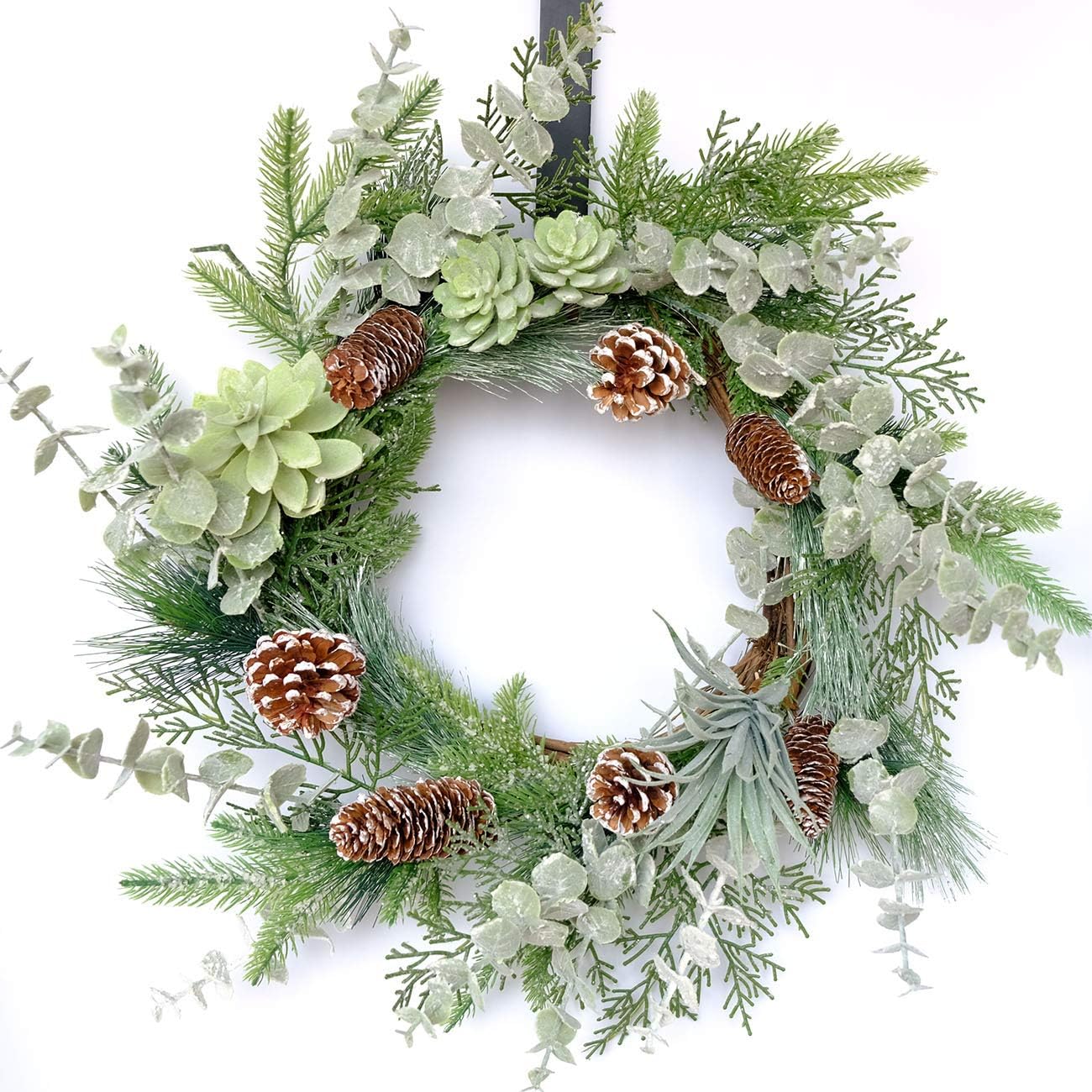 Idyllic 22 Inch Greenery Winter Wreath with Snowy Pine Cones and Succulents