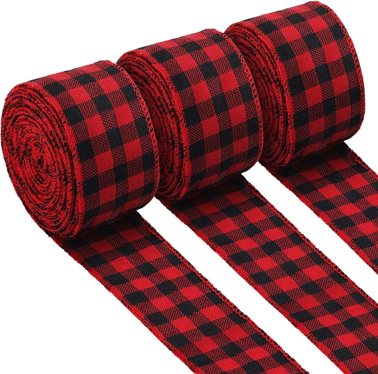 Boao 3 Roll Christmas Buffalo Plaid Wired Ribbon, 2.4 Inch x 26 Yard