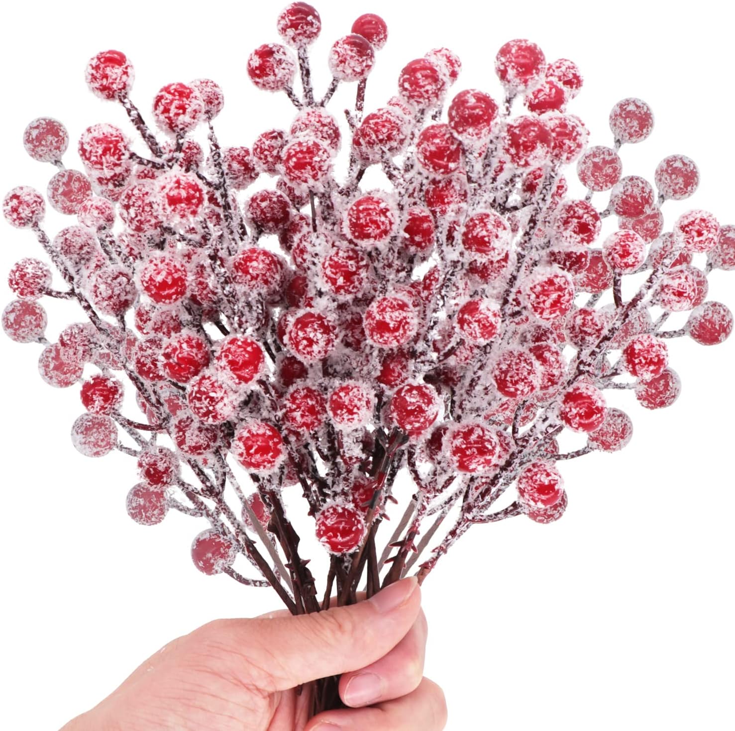 24 Pieces Frosted Artificial Holly Berry Stems, 9 Inch, Snowy Red Berry Picks