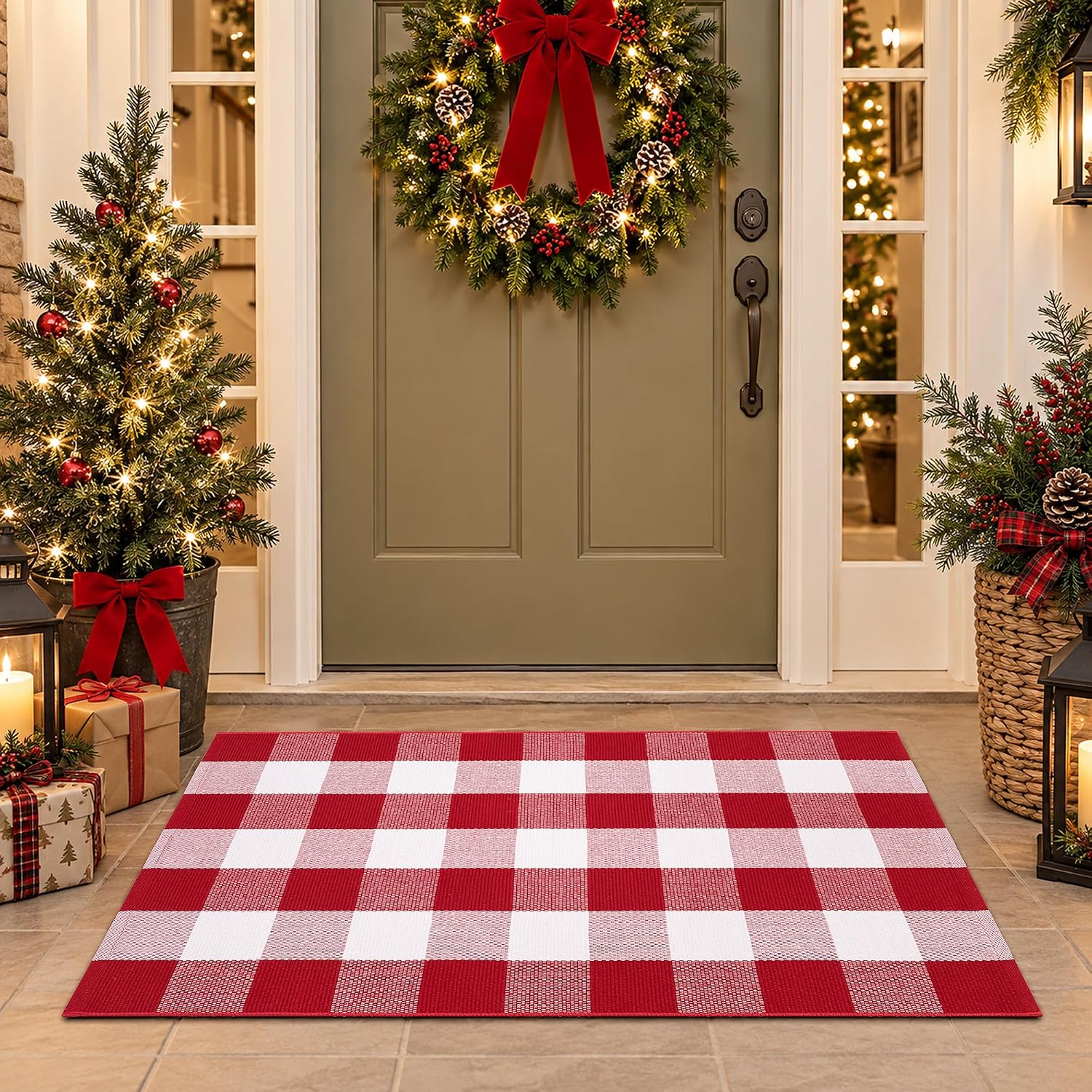 Christmas Red and White Plaid Door Mat, 28 x 43 Inch, Hand-Woven Cotton
