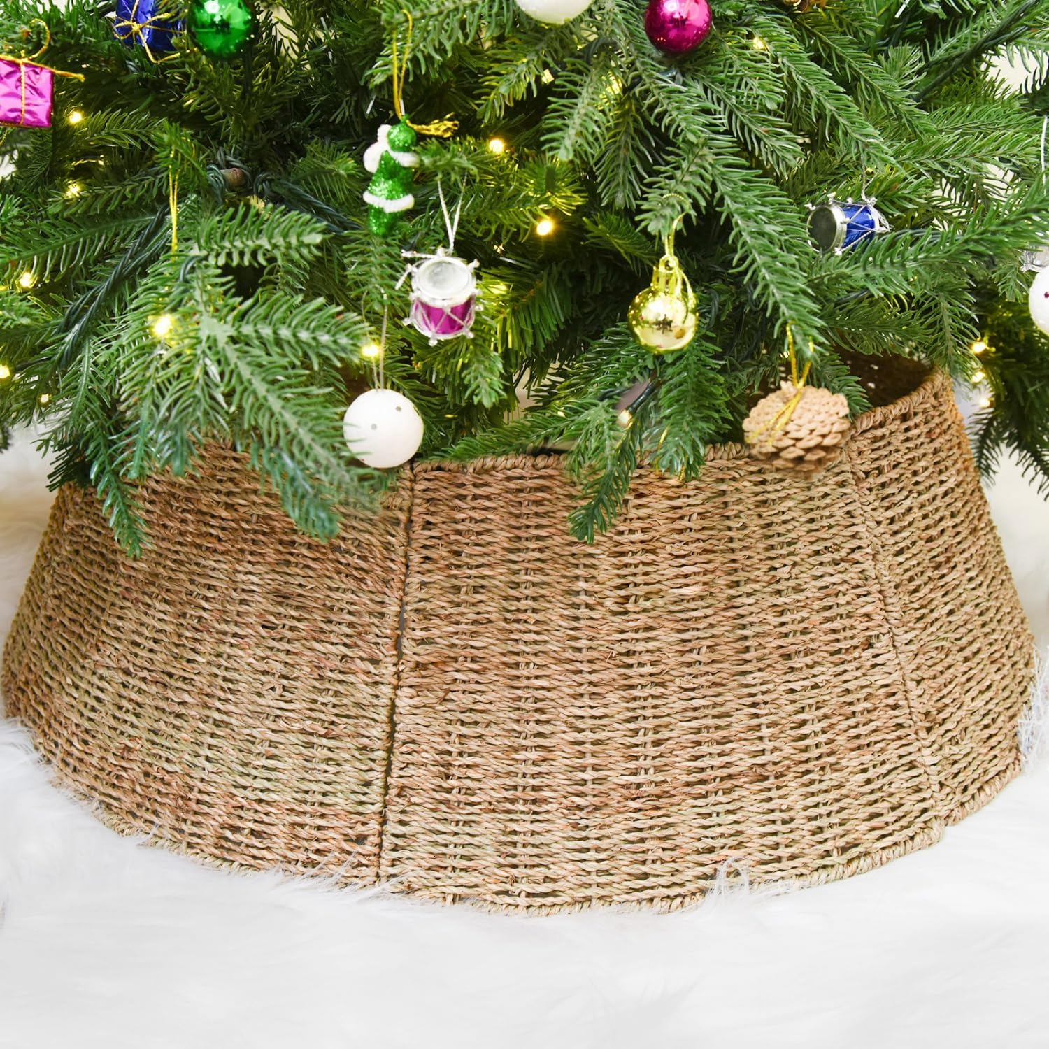 Rocinha Rattan Christmas Tree Collar Basket, Rustic Handcrafted Tree Ring