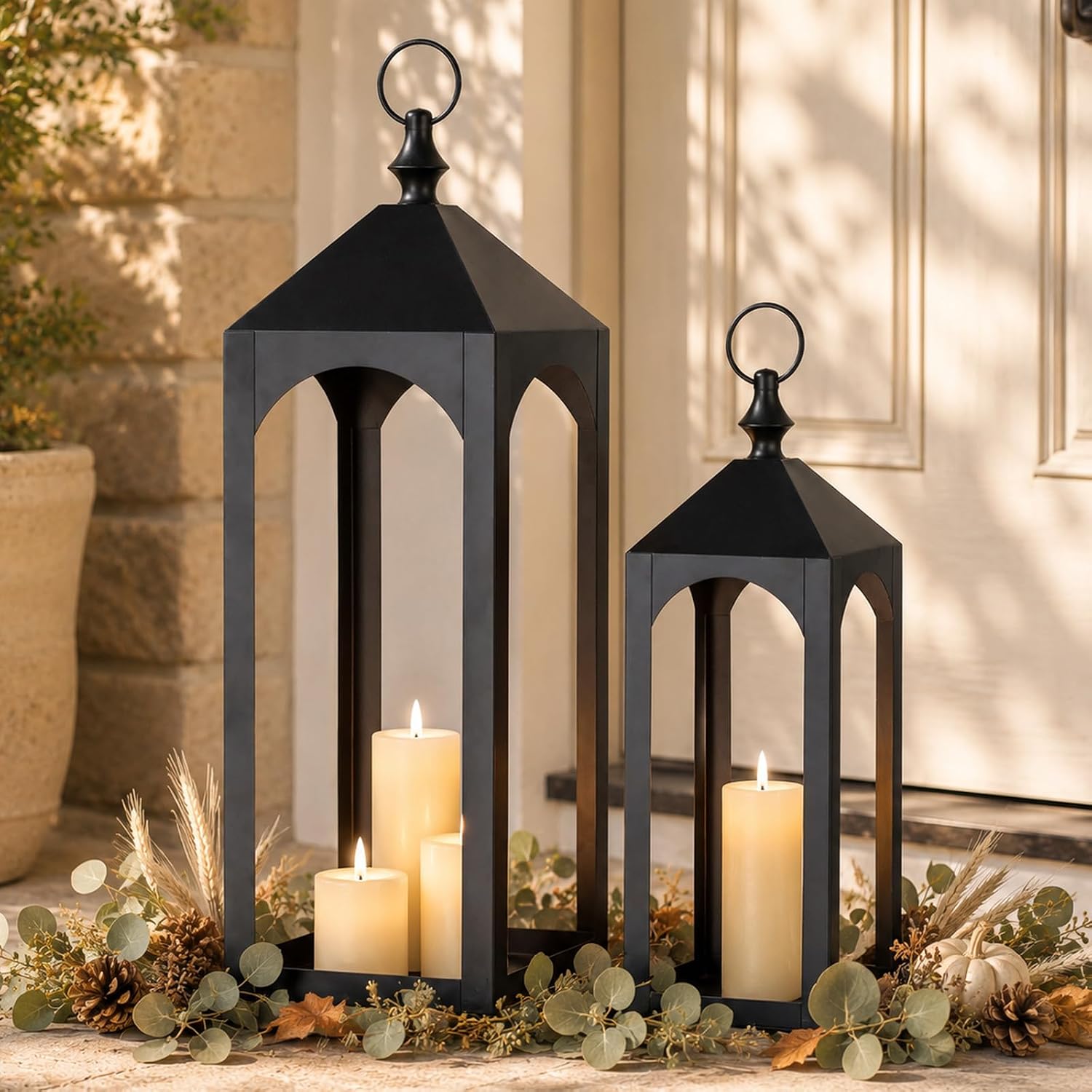 24 and 17 Inch Large Black Outdoor Floor Lanterns, Set of 2, Porch Decor