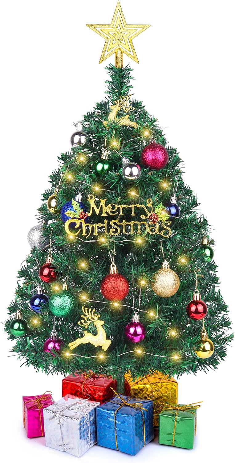 Small 2 Ft Pre-Lit Tabletop Christmas Tree with Ornaments and Lights