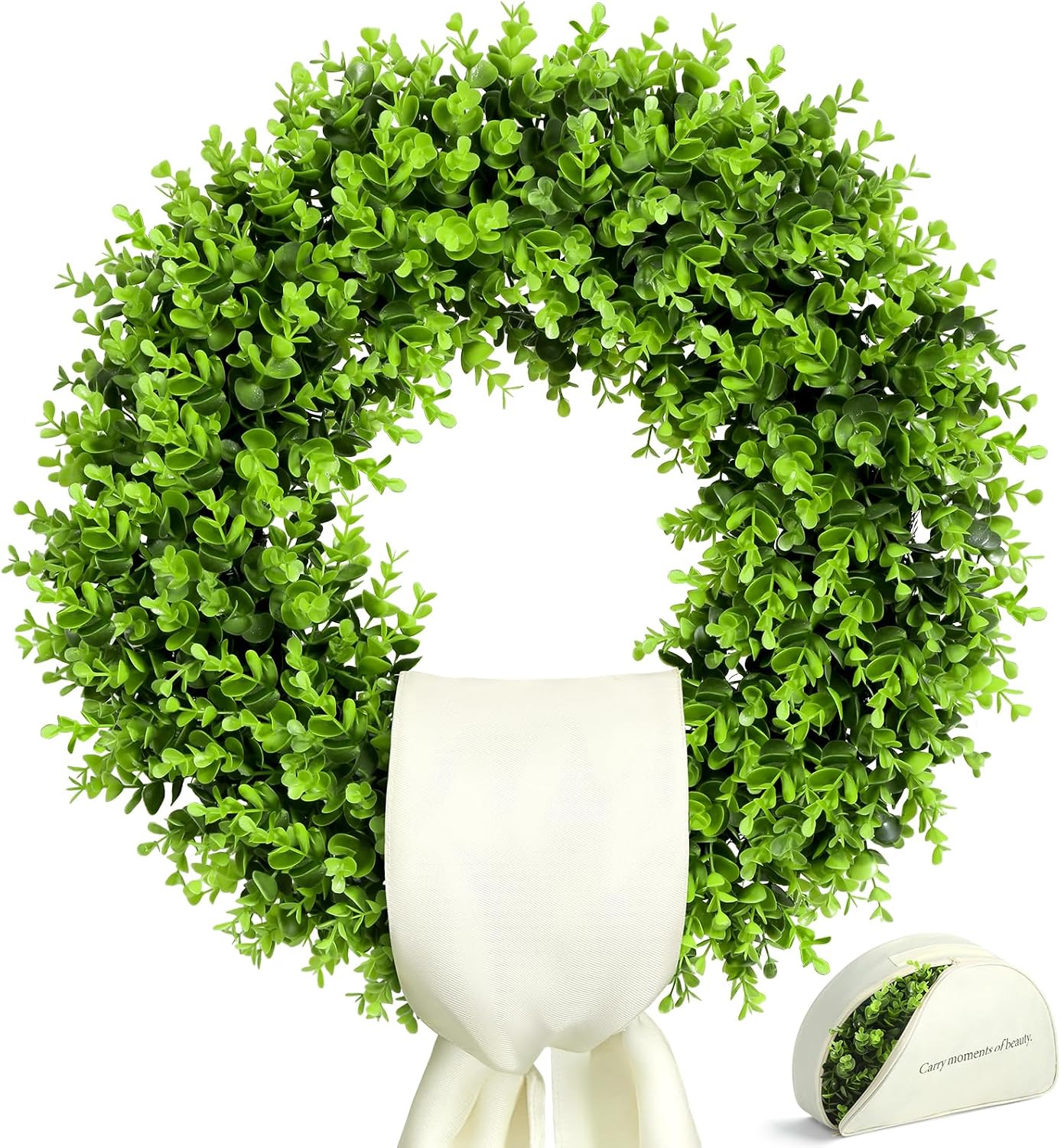 24 Inch Boxwood Wreath for Front Door with Sash, Large Artificial Greenery