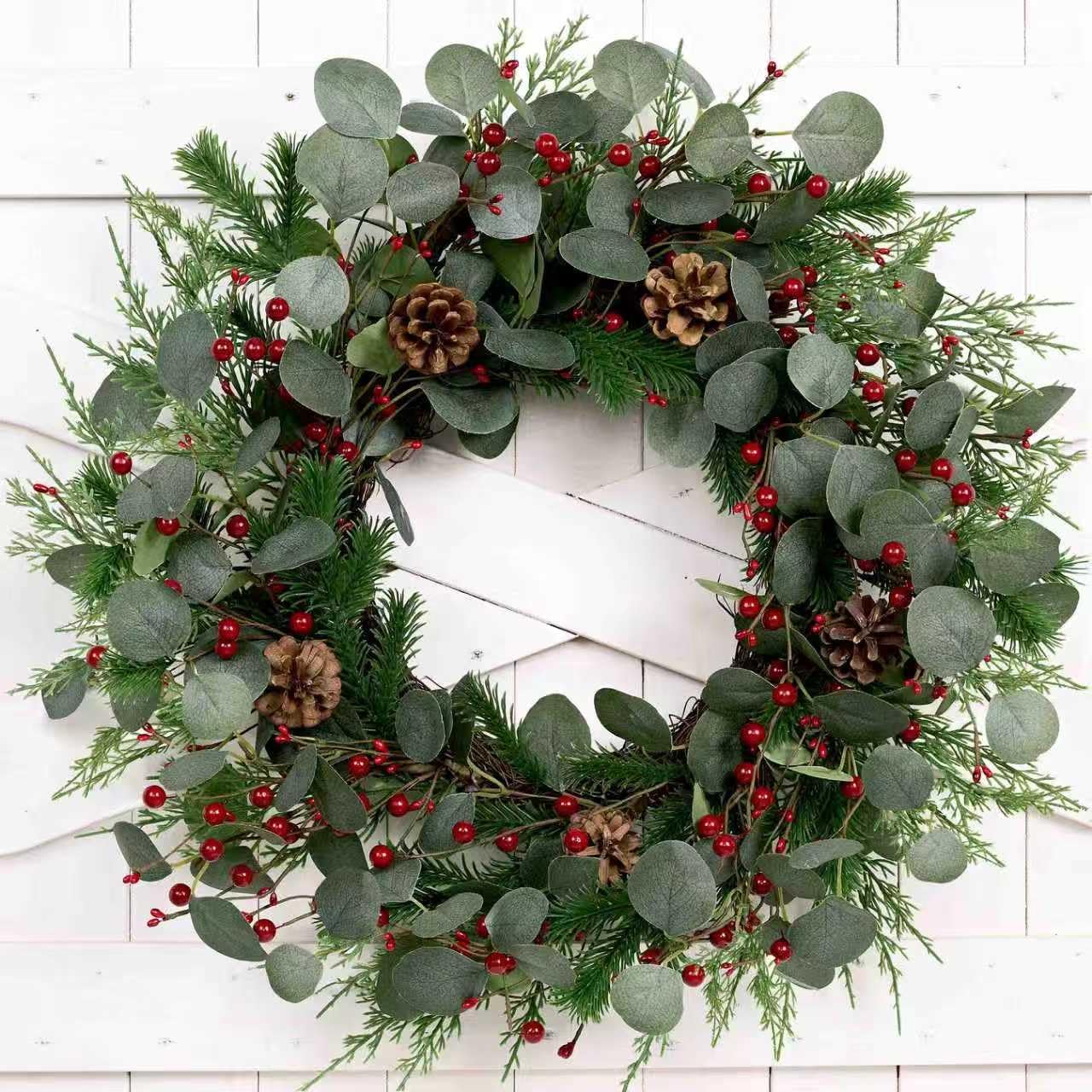 24 Inch Christmas Wreath with Red Berries, Eucalyptus and Pinecones for Front Door