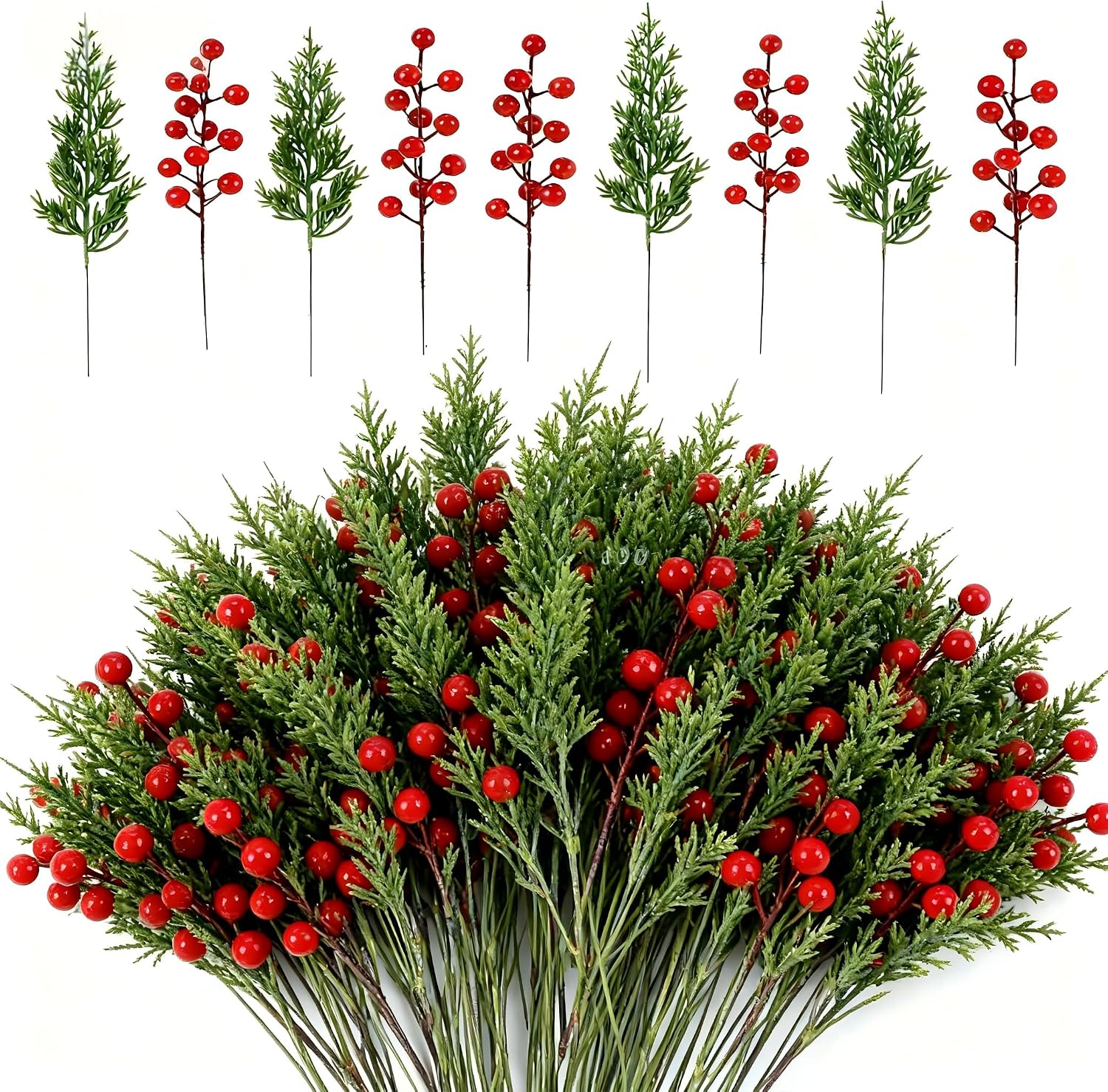 Artificial Christmas Pine Branches with Red Berry Picks, 45 Greenery Stems and 15 Berries